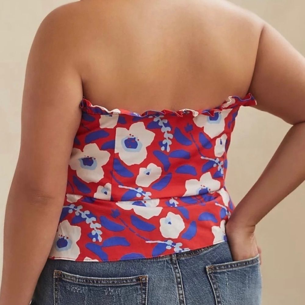 Anthropologie Red Floral Ruffle Strapless Camisole with Blue and White Blooms - Picture 2 of 9